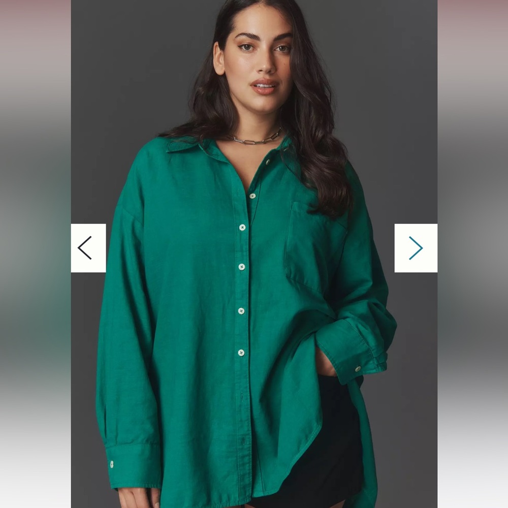 Maeve by Anthropologie Vibrant Green Linen Button Down Shirt